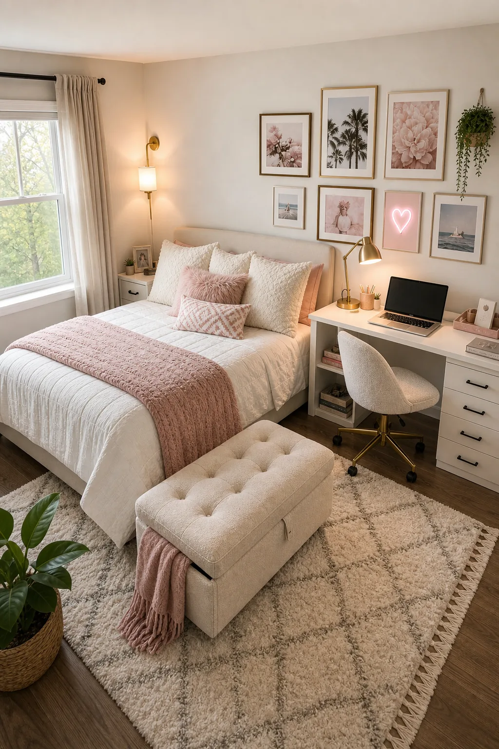 High-angle view of a teen bedroom showing a bed, desk, and storage ottoman.