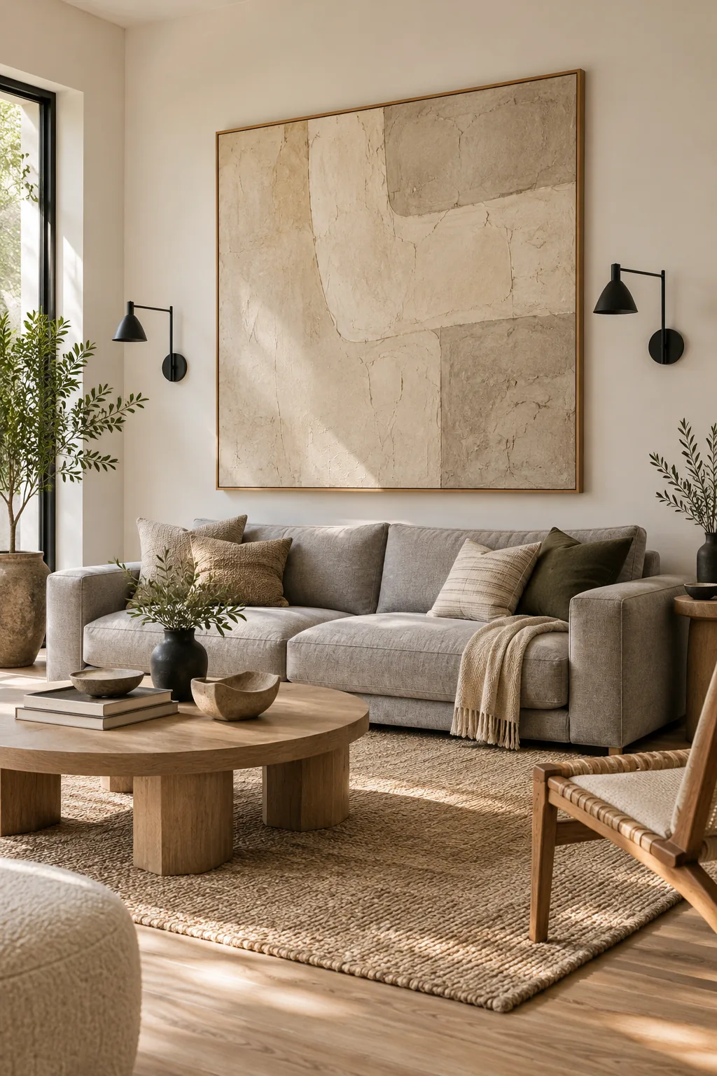Minimalist Japandi living room with a grey sofa and textured plaster art in a light oak frame.