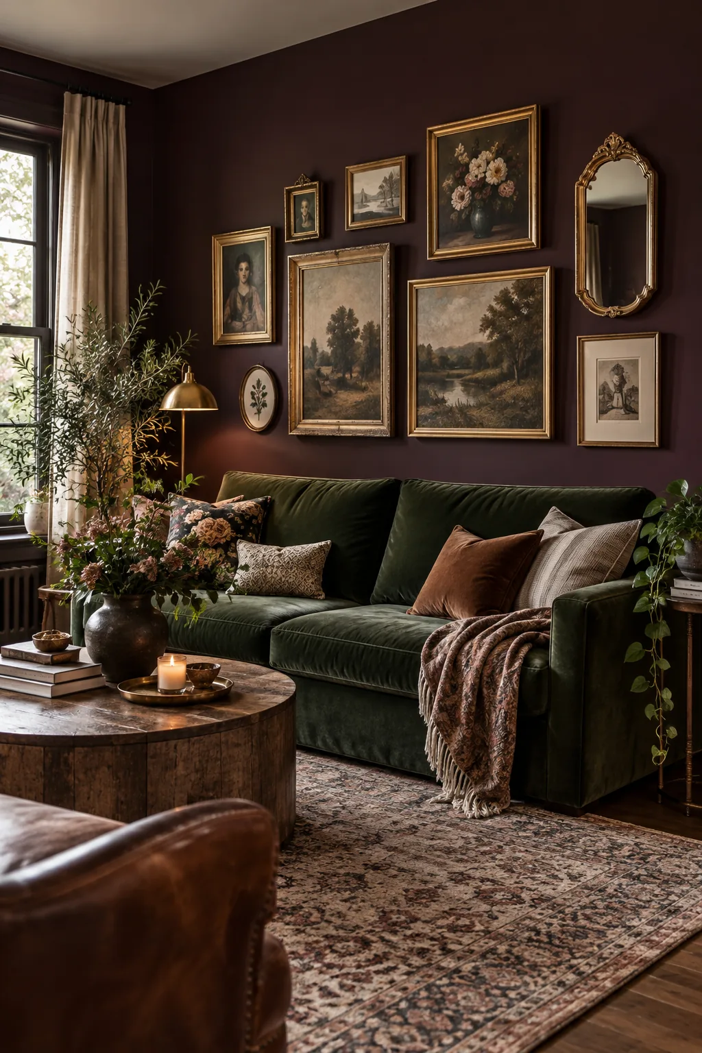 Moody eclectic living room with a green velvet sofa and an asymmetrical gallery wall on plum walls.