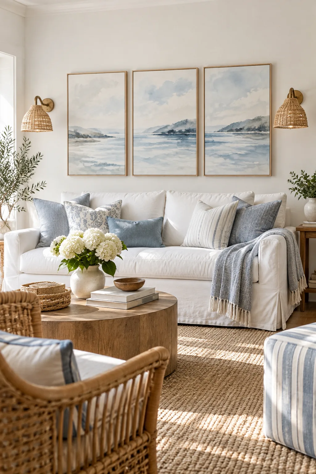 Coastal transitional living room with a white linen sofa and a triptych of blue watercolor landscapes.