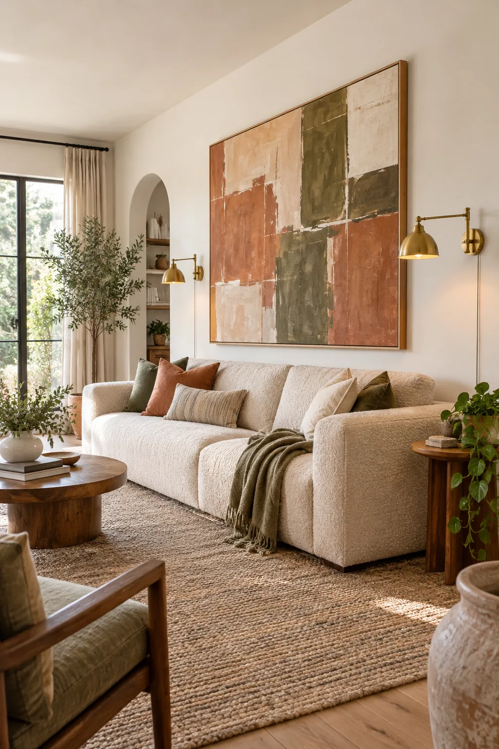 A wide view of a living room showing a large abstract canvas perfectly scaled to two-thirds the width of the oatmeal sofa below it.