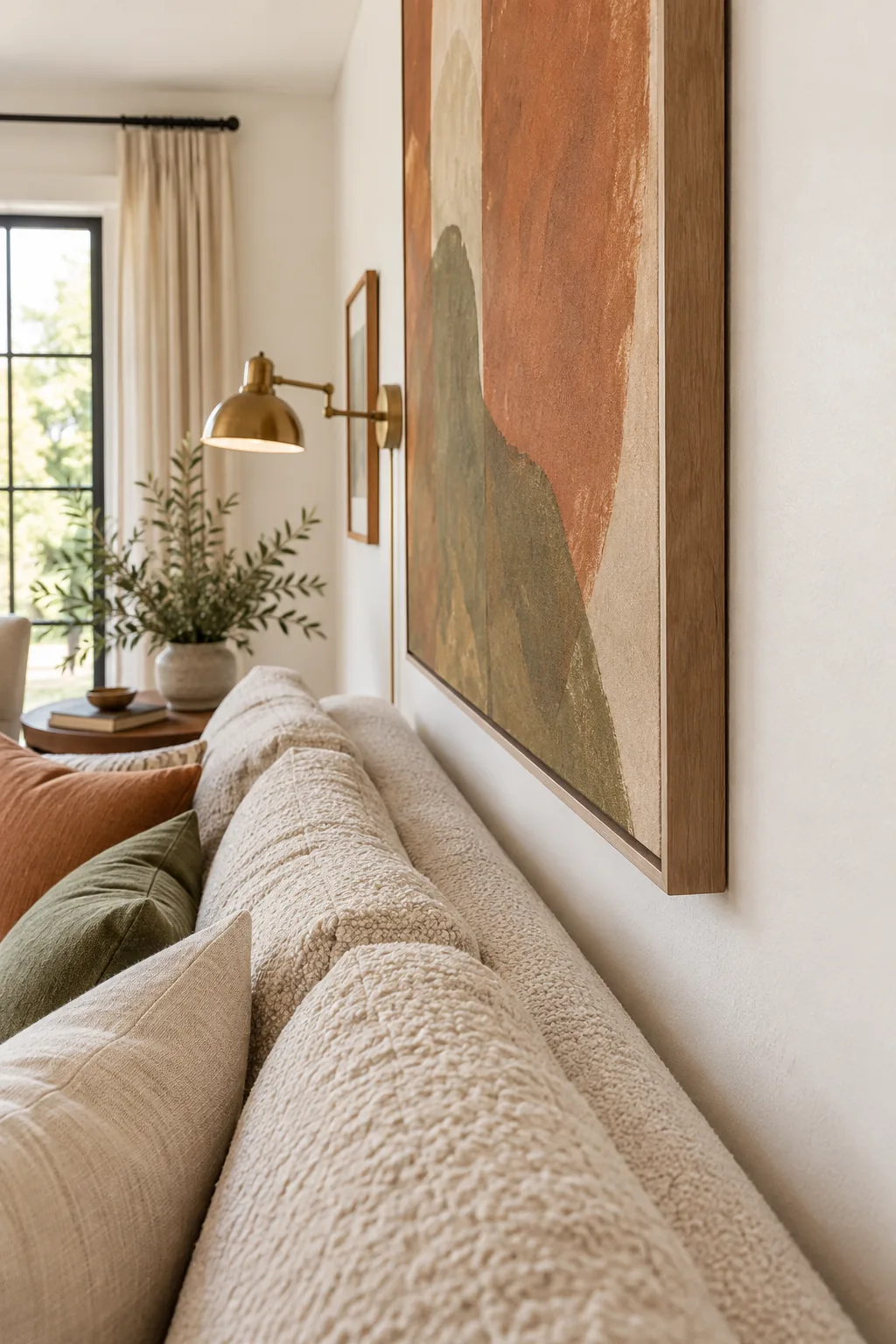 Close-up showing a precise gap between the top of a sofa backrest and the bottom of a framed canvas.