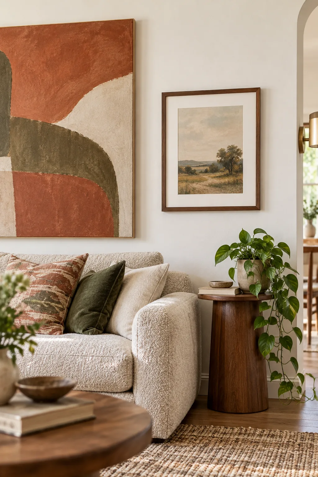 Side profile of a large canvas hanging perfectly flat and flush against a white wall.