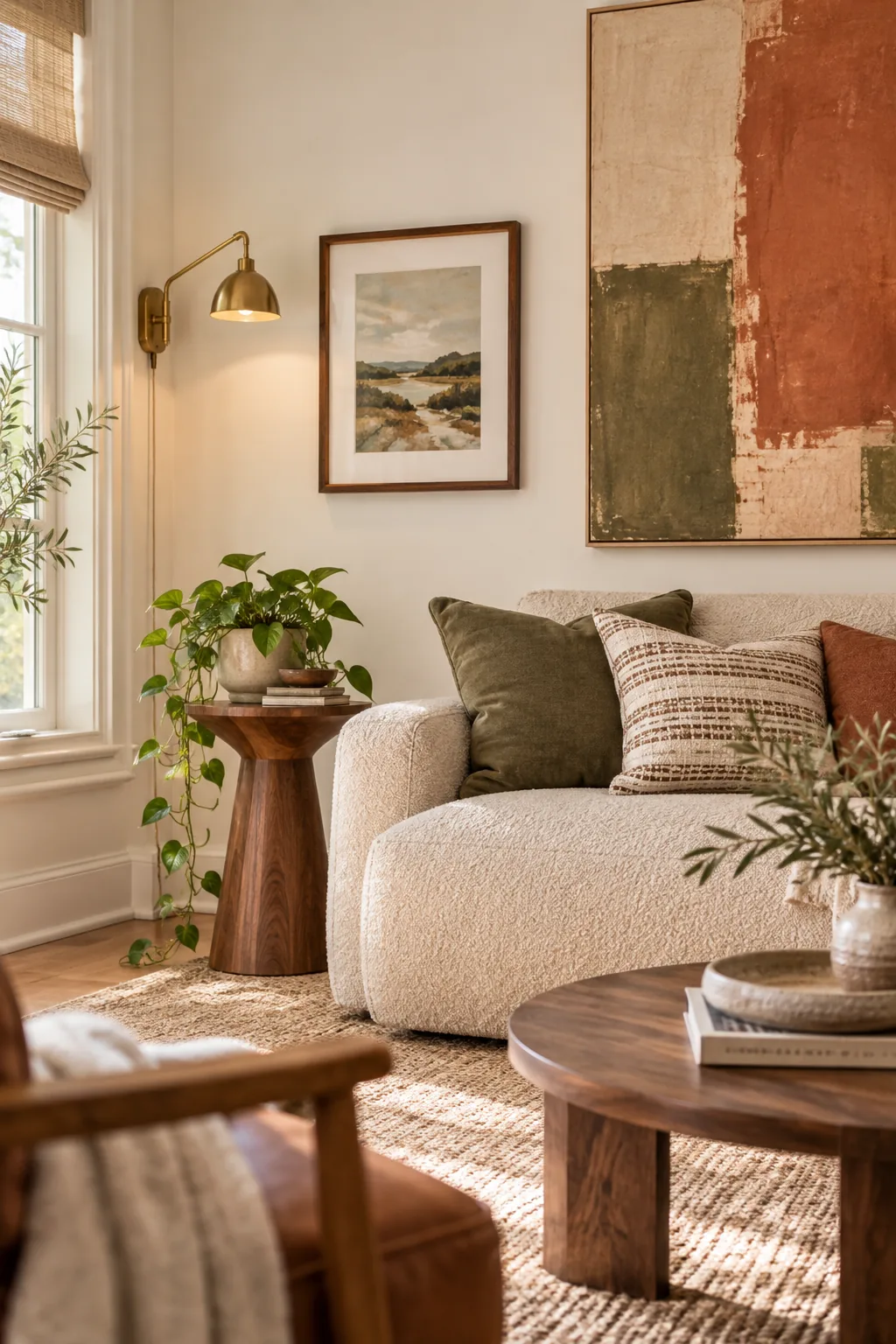 A perfectly level walnut-framed print hanging on a white wall above a side table.