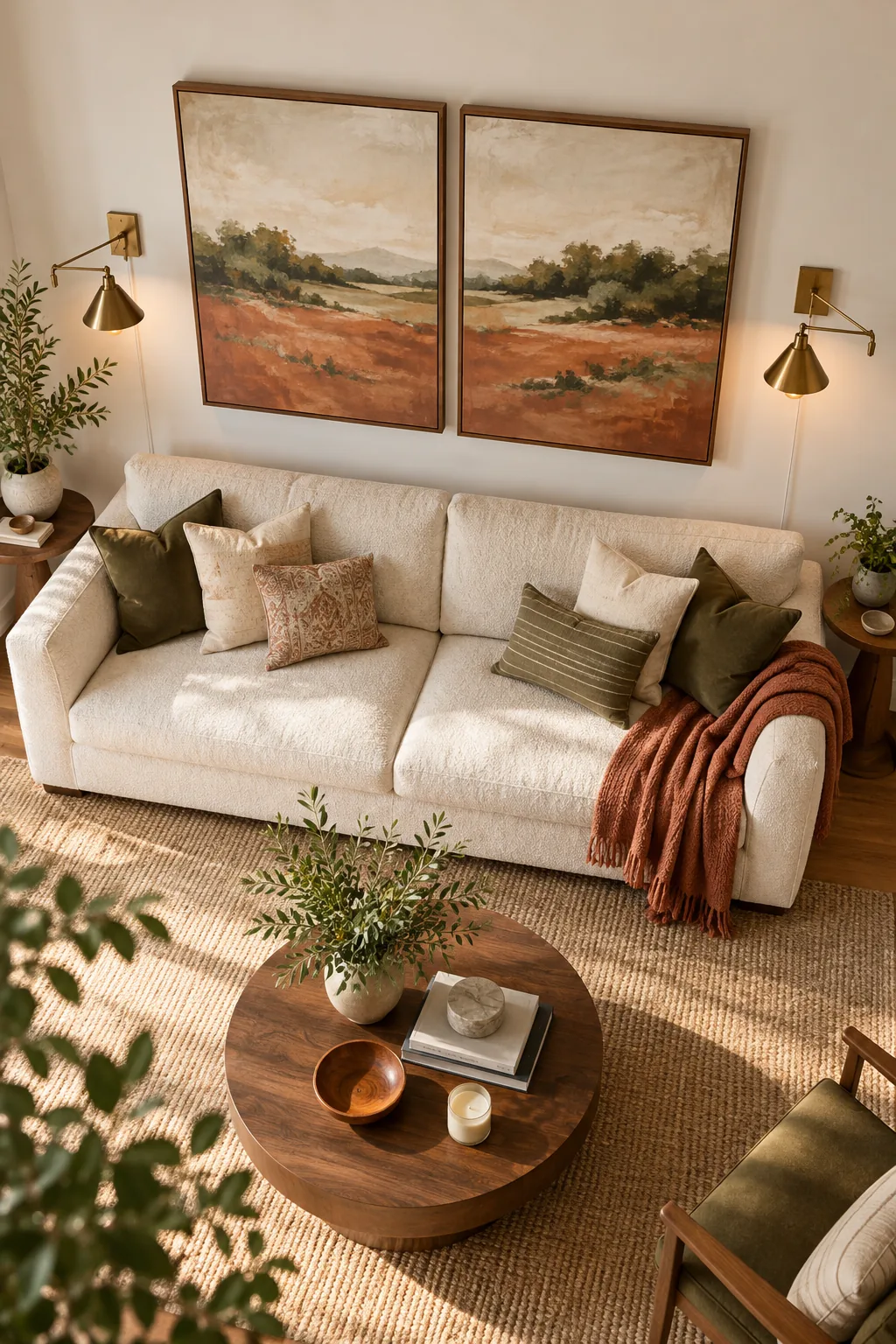Two matching framed prints hanging side-by-side with a tight, uniform gap between them over a sofa.