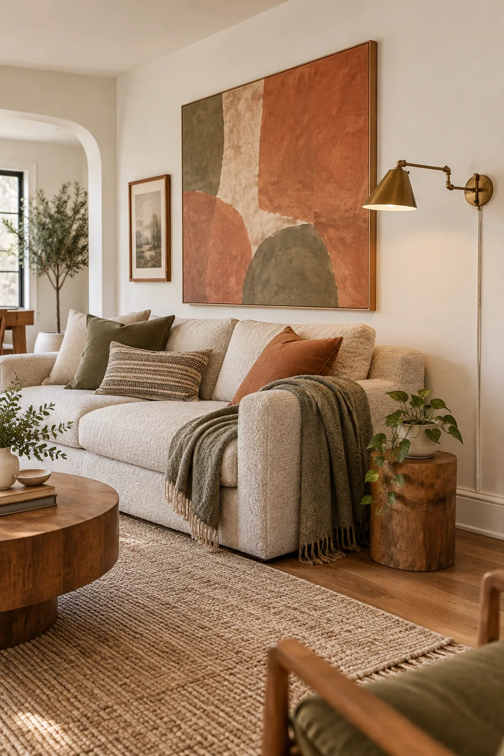 A glowing brass swing-arm sconce mounted on a wall next to a large piece of art.