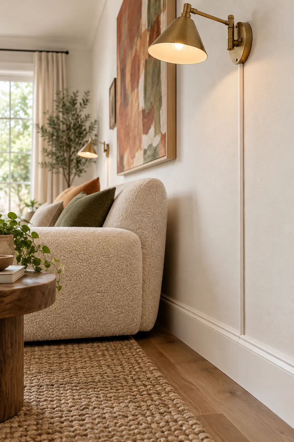 A wall-mounted cord cover painted white to match the wall, running down from a sconce to the baseboard.