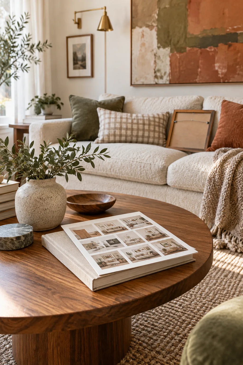 A printed hanging guide resting on a design book on a coffee table, with a styled sofa wall in the background.