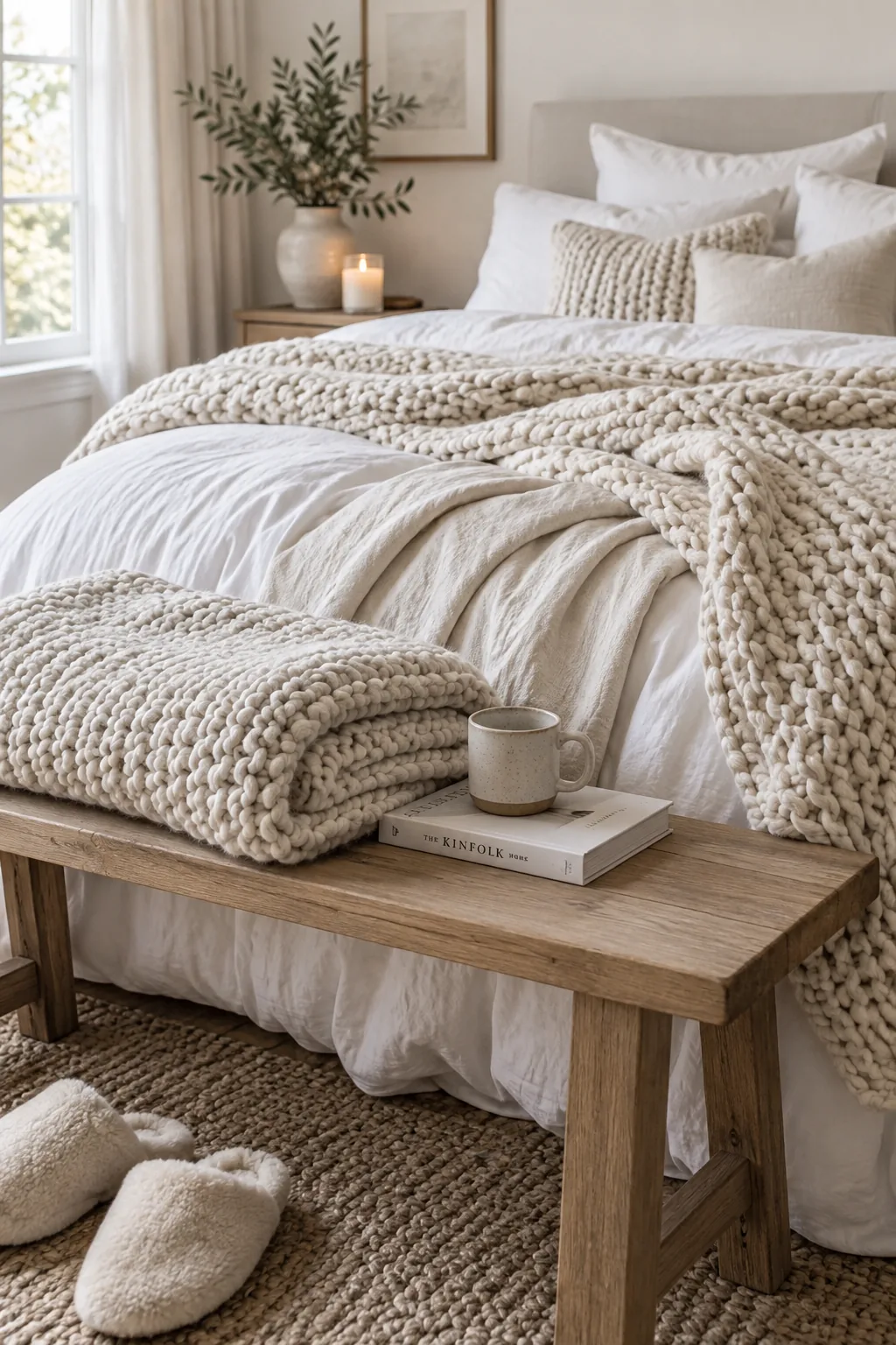 White bed styled with thick chunky knit throw blankets