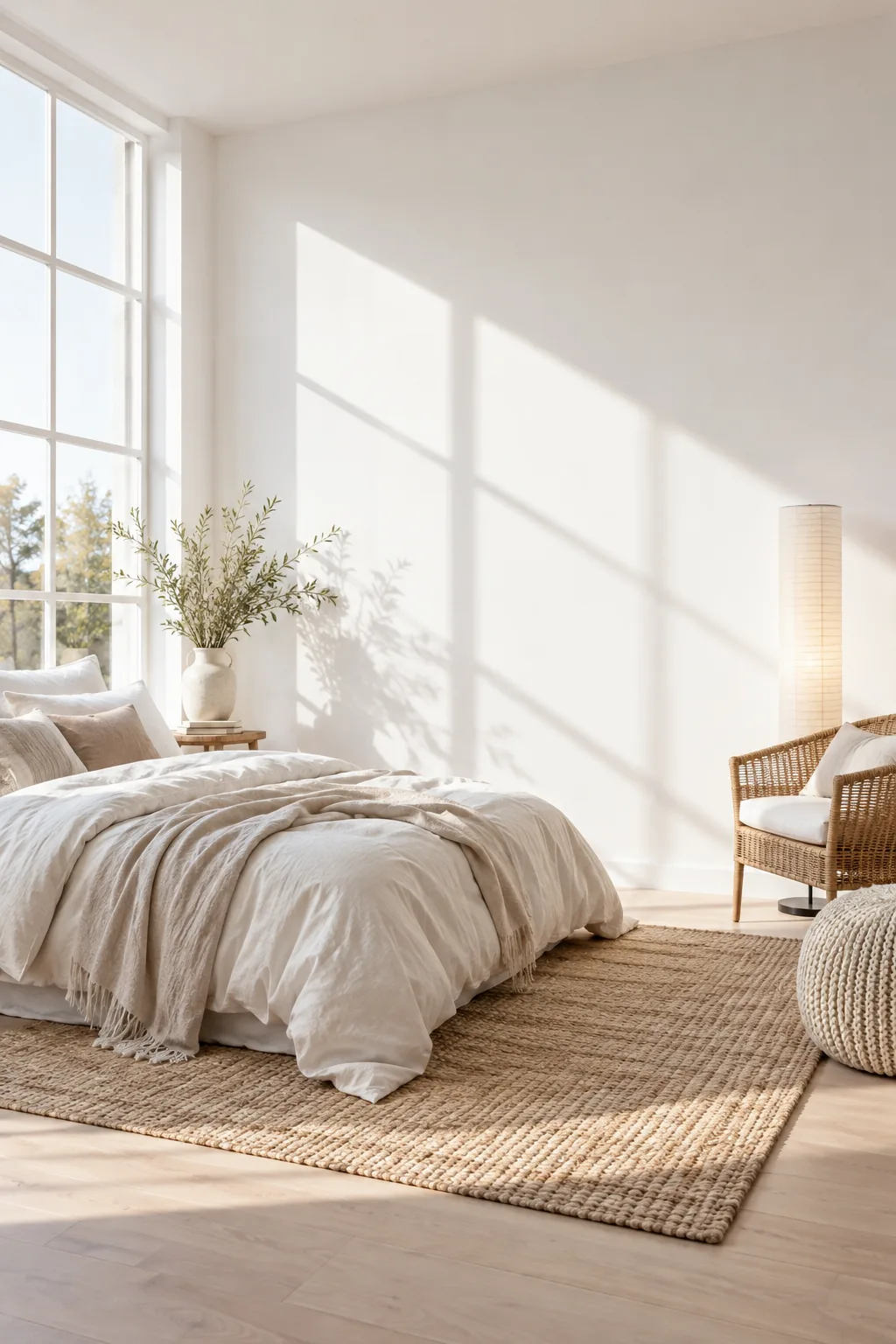 Minimalist white bedroom with a bare wall and a floor mirror