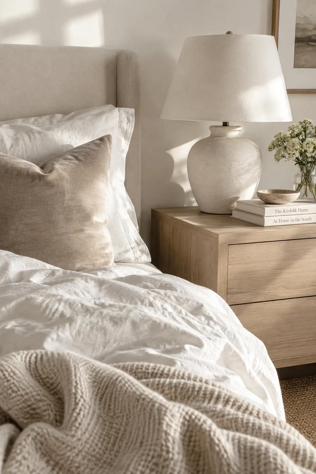 White bed featuring linen bedding, a velvet pillow, and ceramic lamp