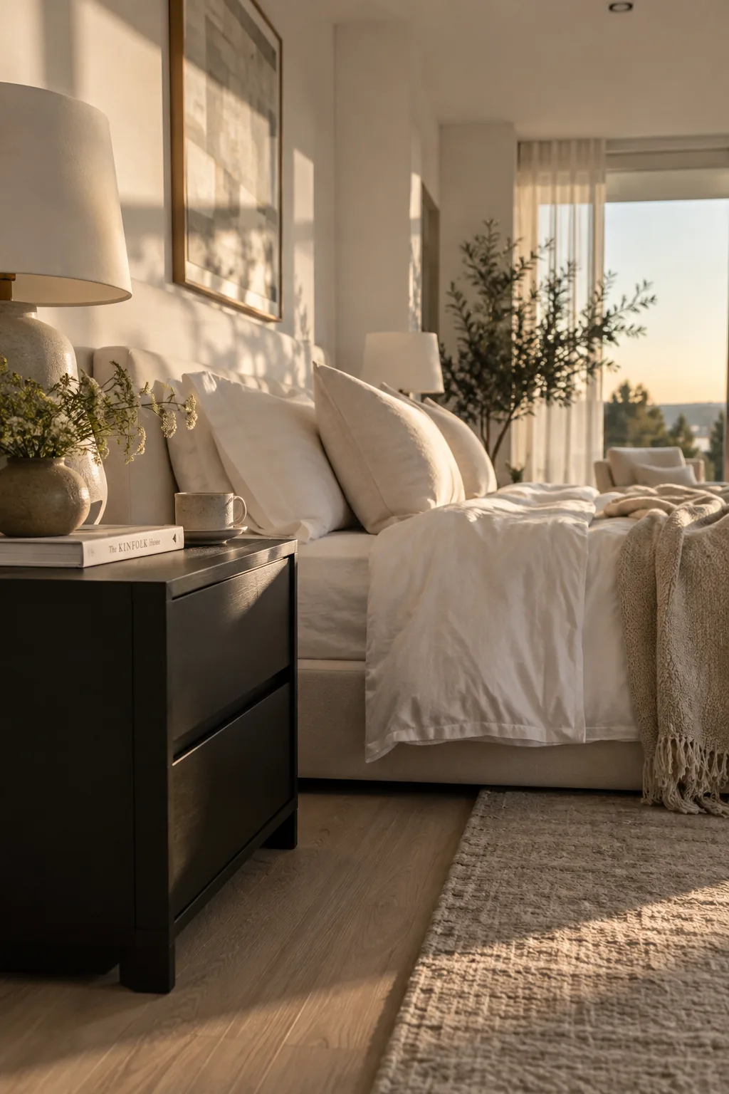 Matte black nightstand next to a crisp white bed