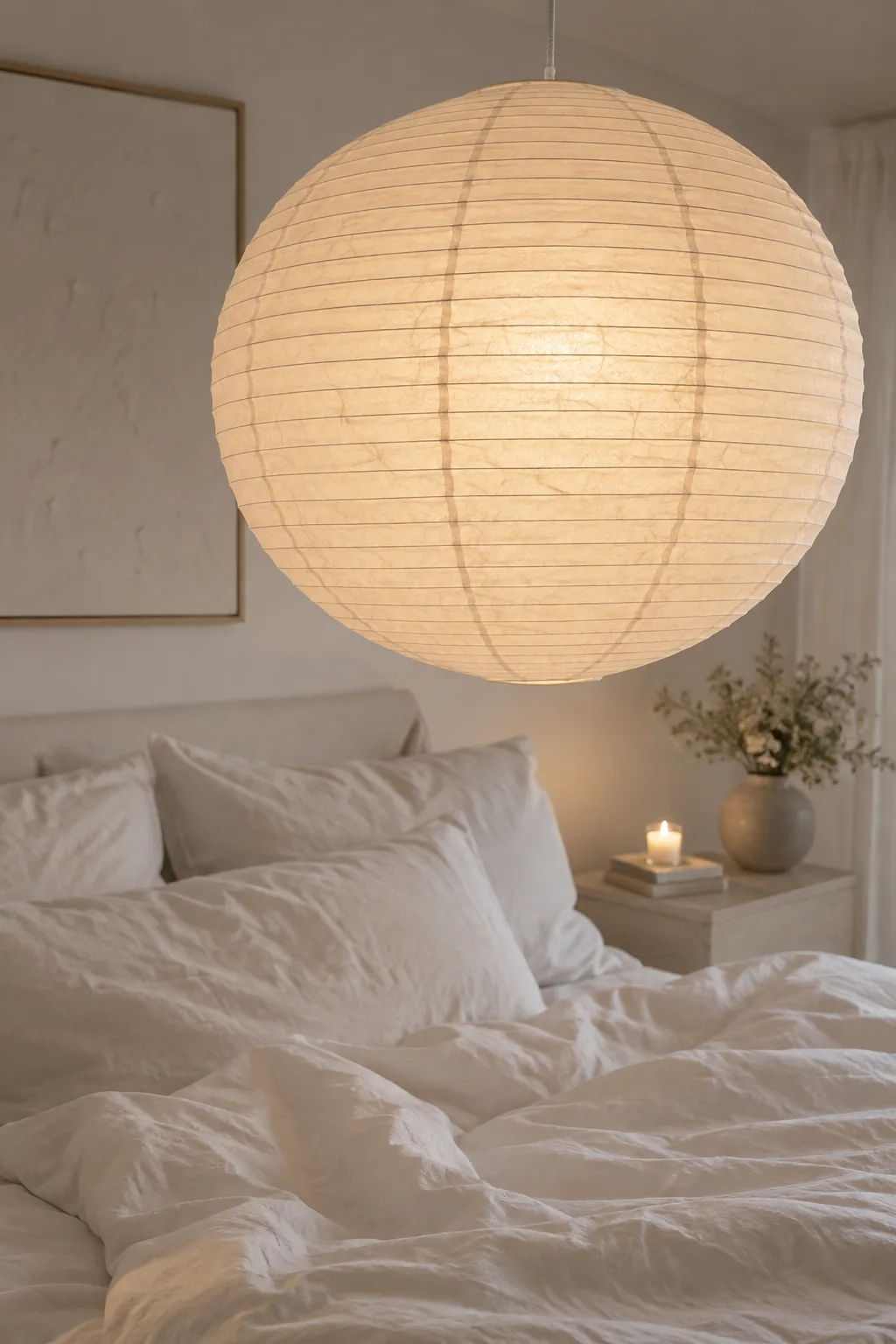 Large white paper pendant light hanging in a modern bedroom