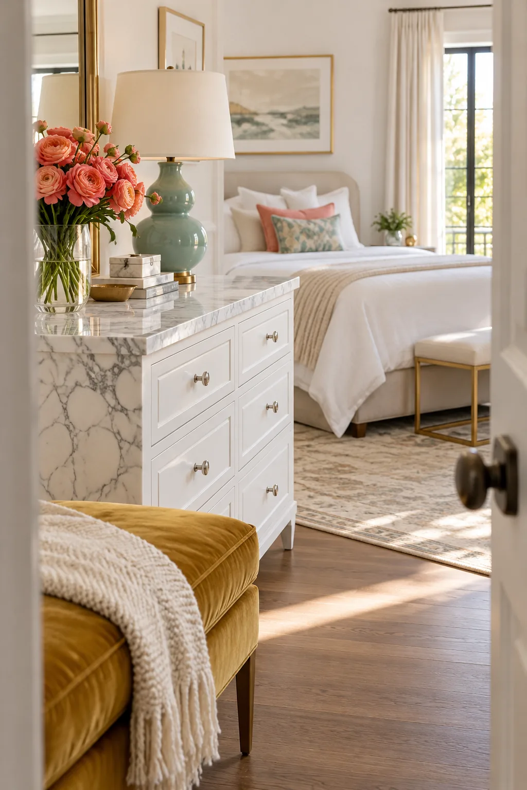 Marble-topped dresser styled in a bright white bedroom