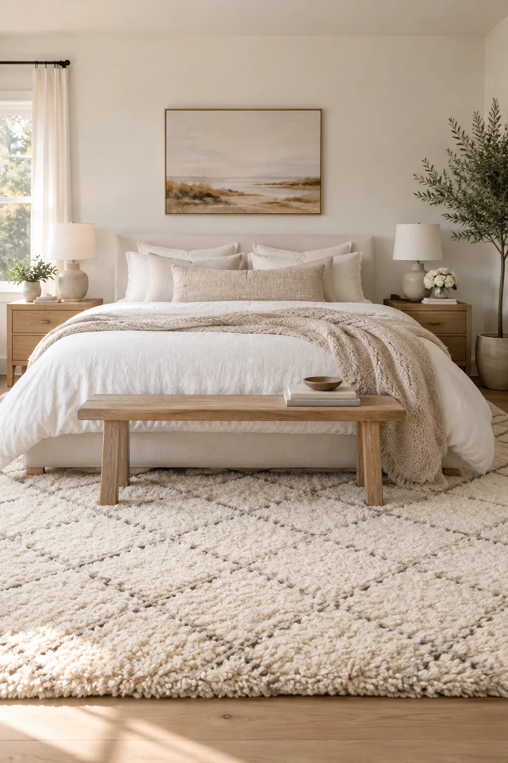 Plush Moroccan rug placed under a modern white bed