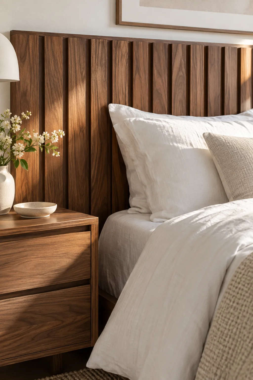 Slatted walnut headboard against a clean white wall