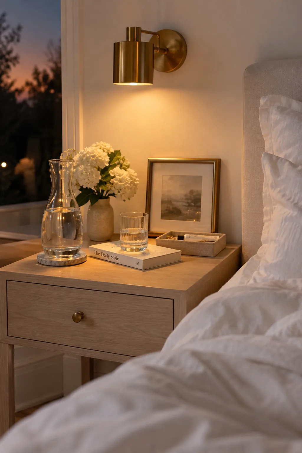 Brass wall sconces mounted above bedside tables