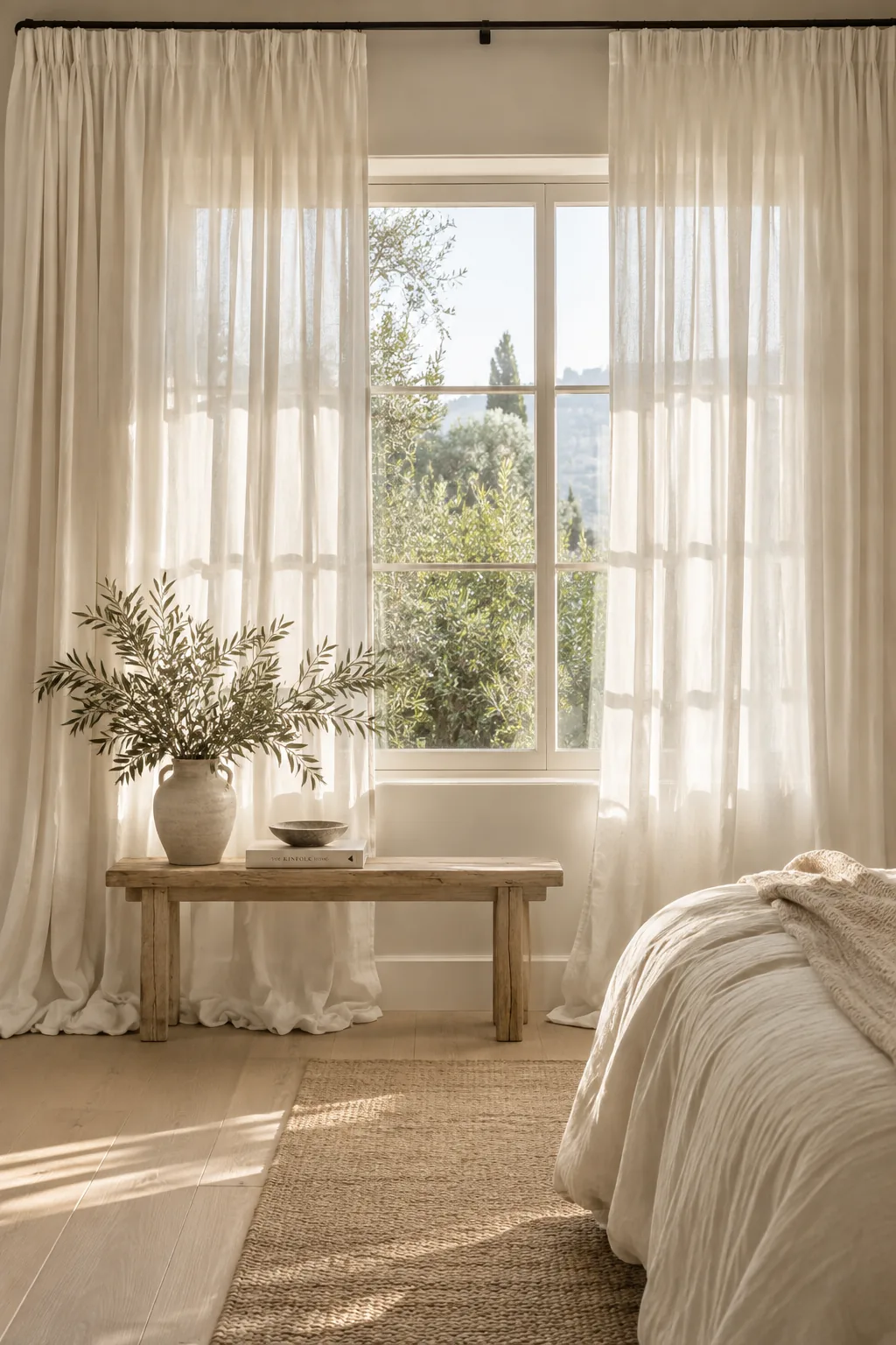Washed linen curtains pooling on the floor of a white bedroom