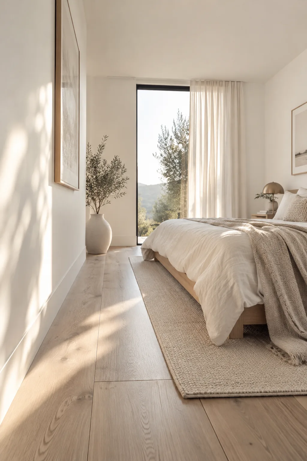 White bedroom walls with matching white baseboards and trim