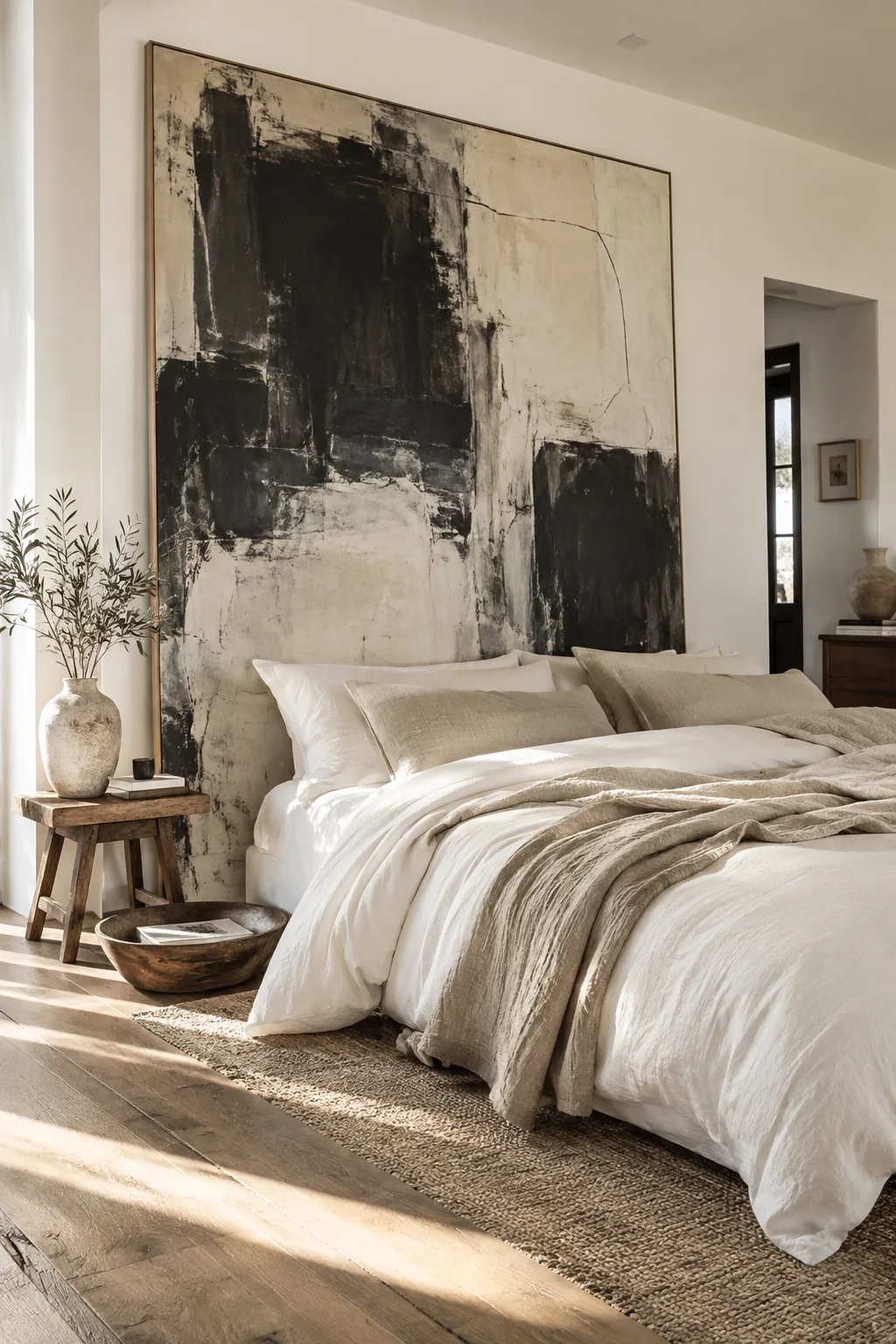 Oversized monochromatic abstract art leaning against a white bedroom wall