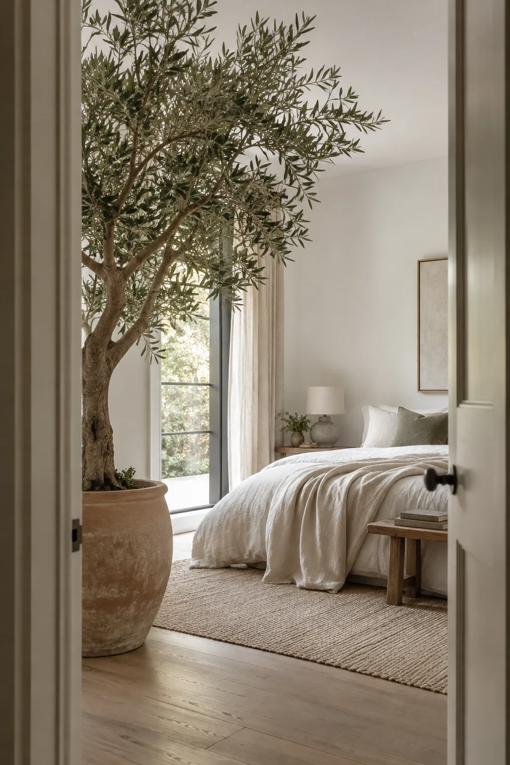 Potted olive tree in the corner of a bright white bedroom