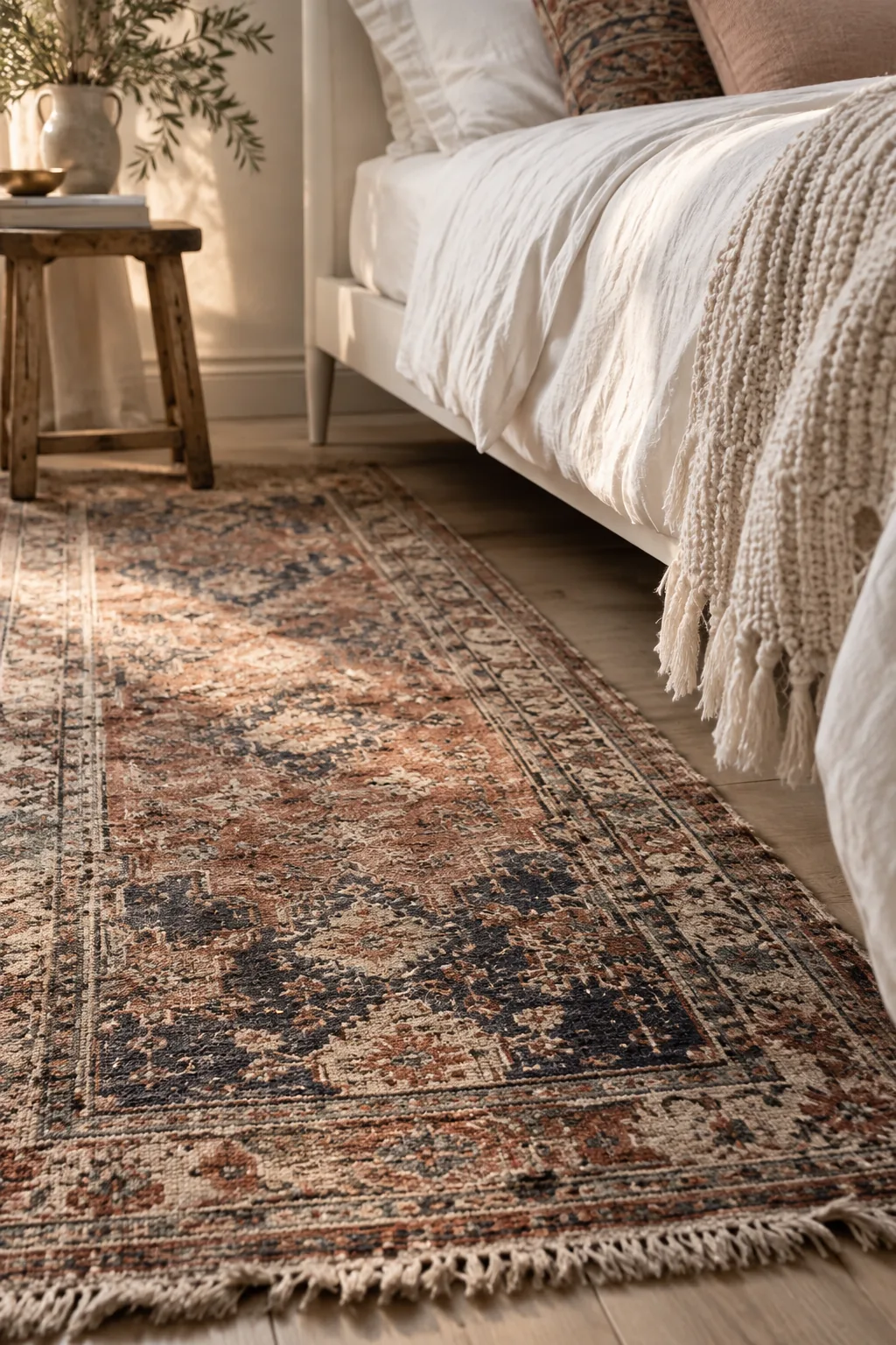 Faded vintage runner rug next to a modern white bed