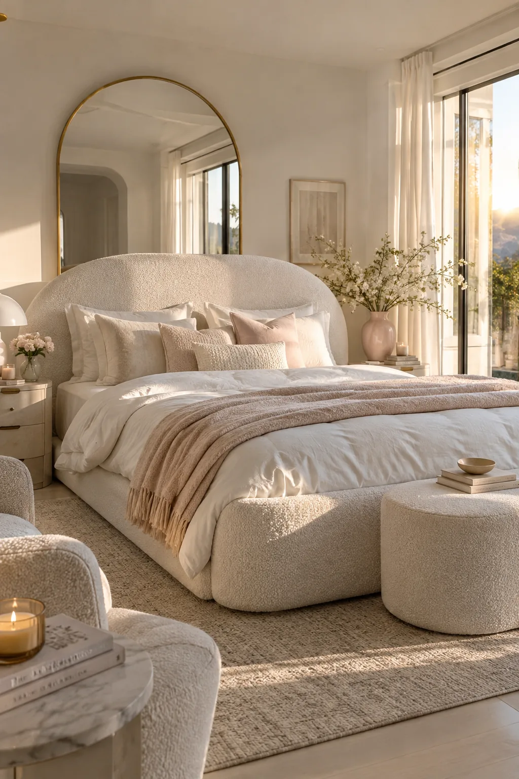 White upholstered boucle bed frame in a modern room
