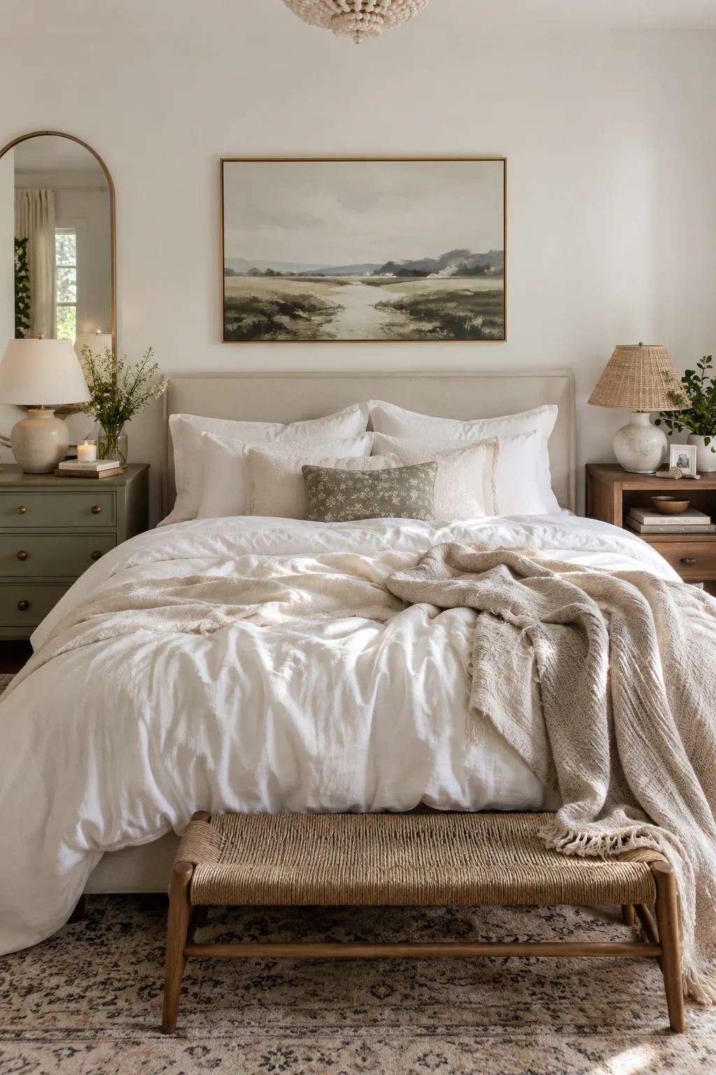 Mismatched nightstands flanking a modern white bed