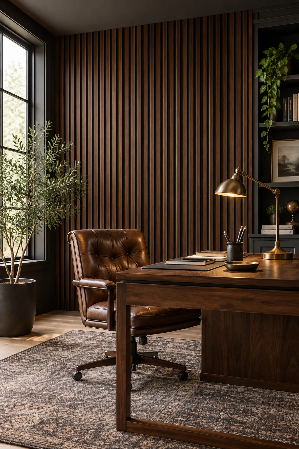 A moody home office featuring a dark walnut wood slat accent wall behind a leather desk chair.