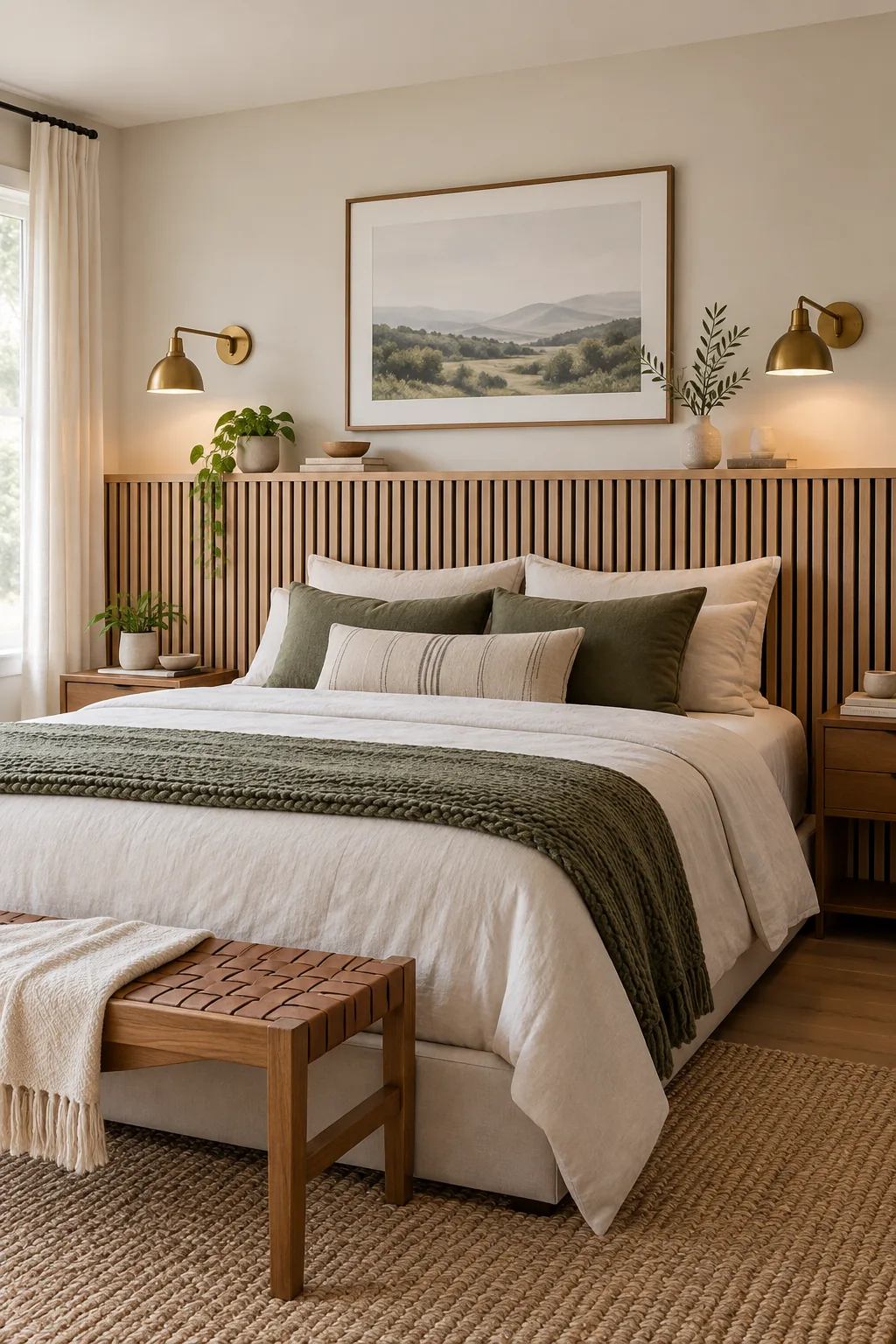 A half-height white oak slat wall functions as a built-in headboard behind a modern bed.