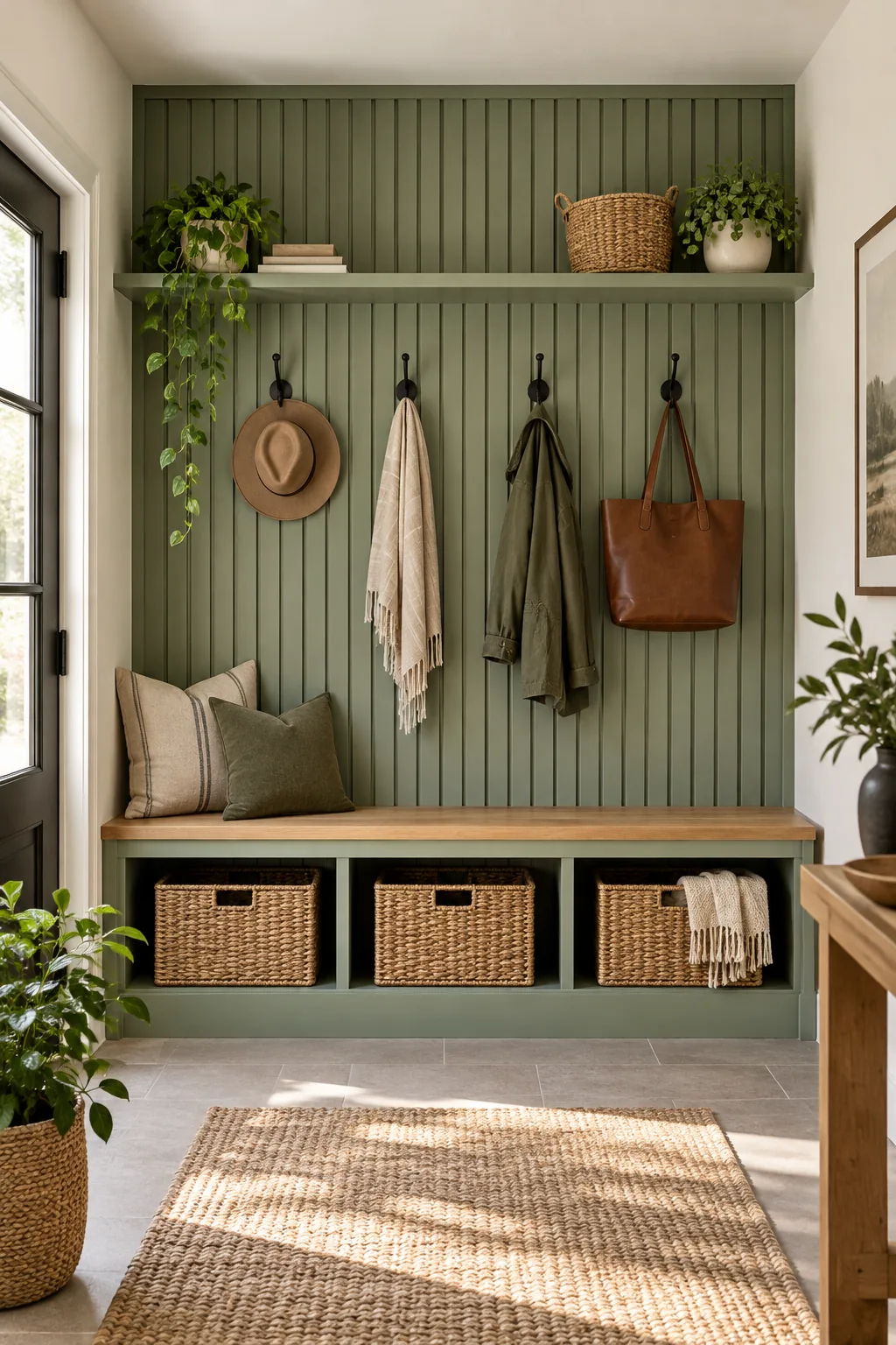 A mudroom featuring a wood slat wall painted entirely in sage green, complete with coat hooks.