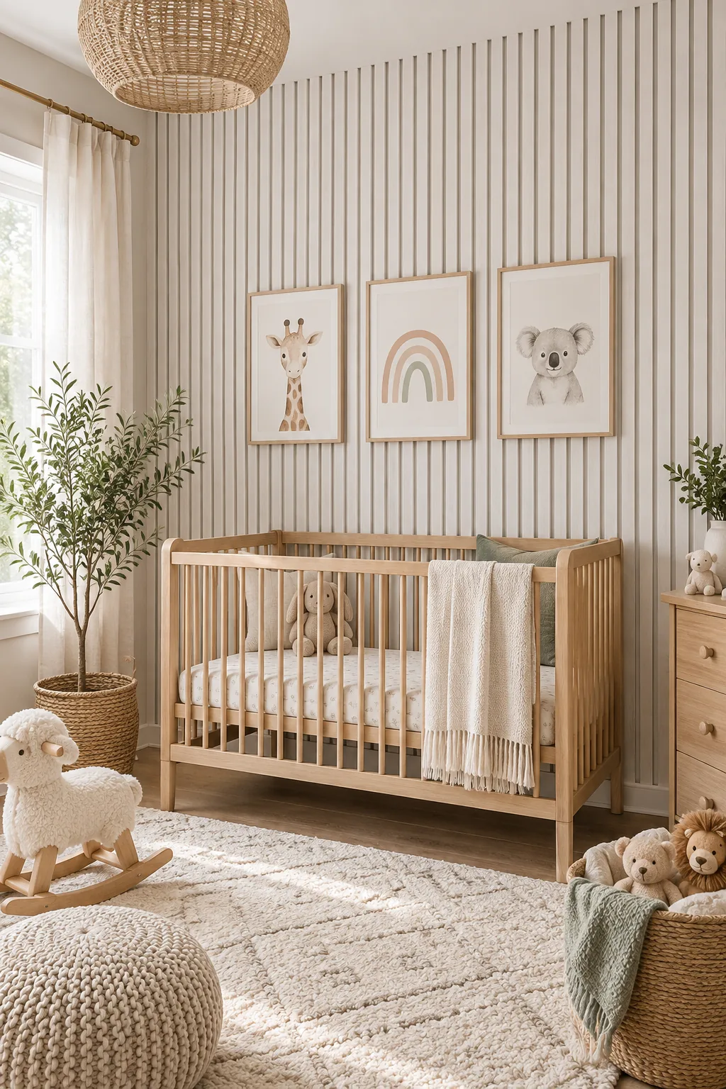A bright nursery featuring thin whitewashed wood slats against a light gray wall behind a crib.