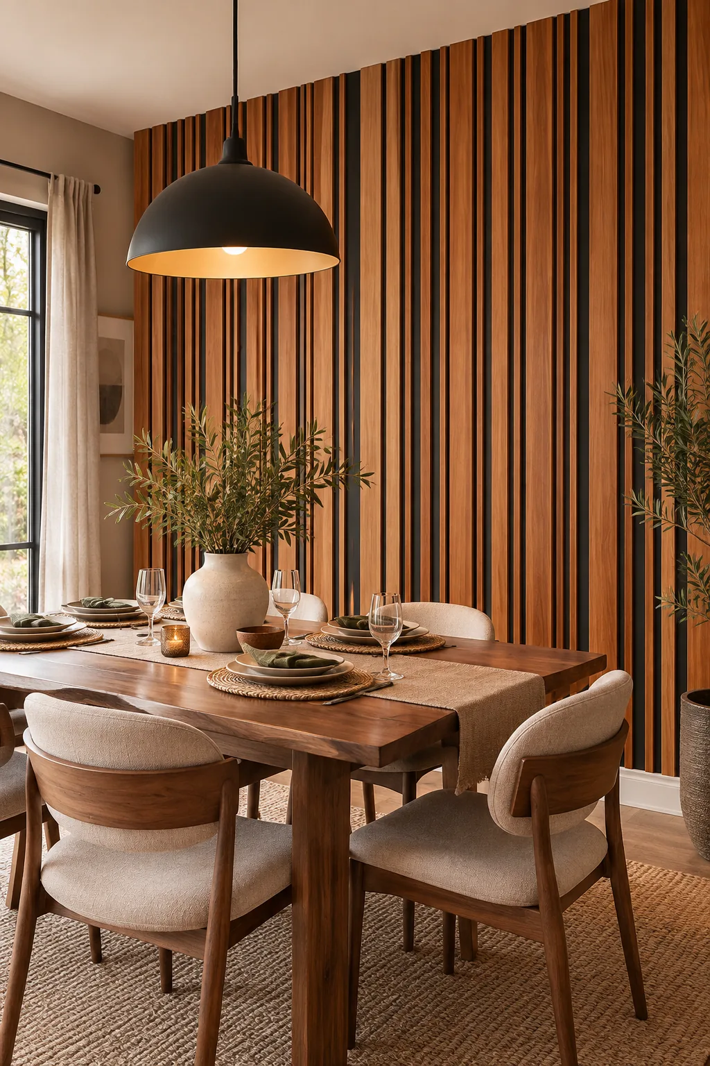 A dining room accent wall featuring an asymmetrical mix of thick and thin cedar wood slats.