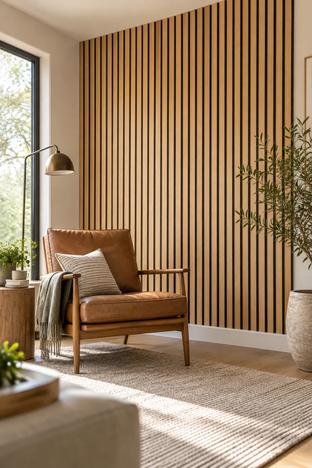 Smooth, knot-free pine wood slats on a wall behind a modern leather reading chair.