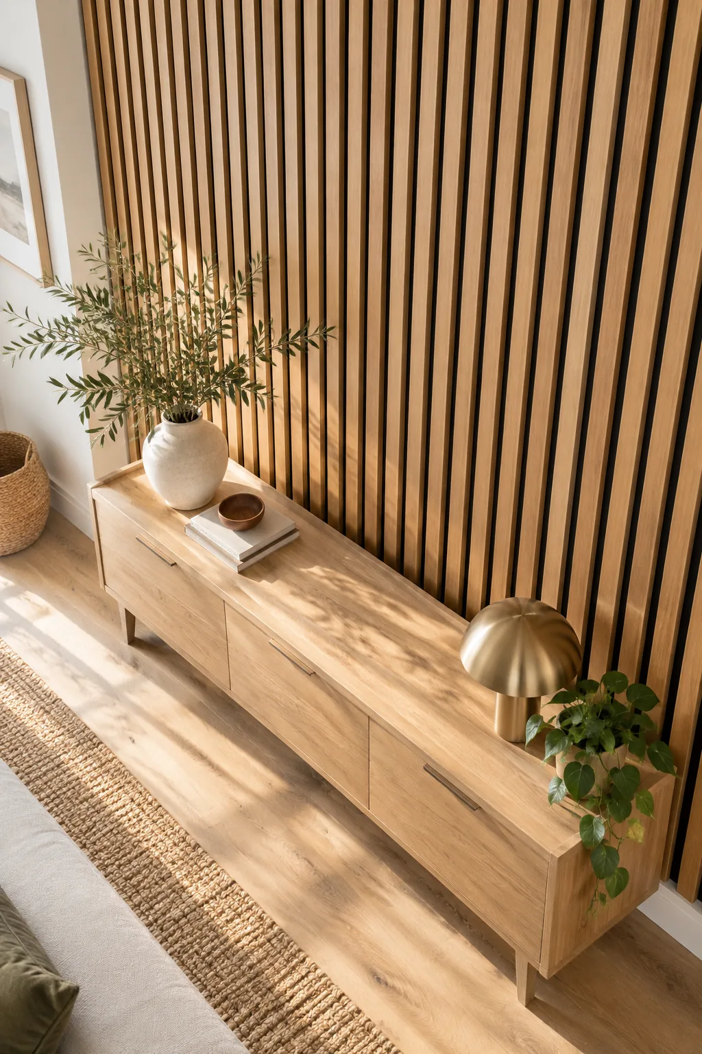 A styled console table sits against a wood slat wall, displaying the consistent visual rhythm of the boards and gaps.
