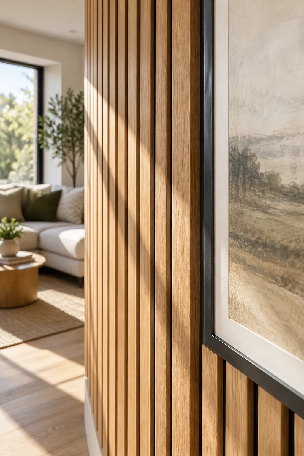 Sunlight hits a wood slat wall from the side, casting perfectly even shadows that highlight the consistent gap spacing.