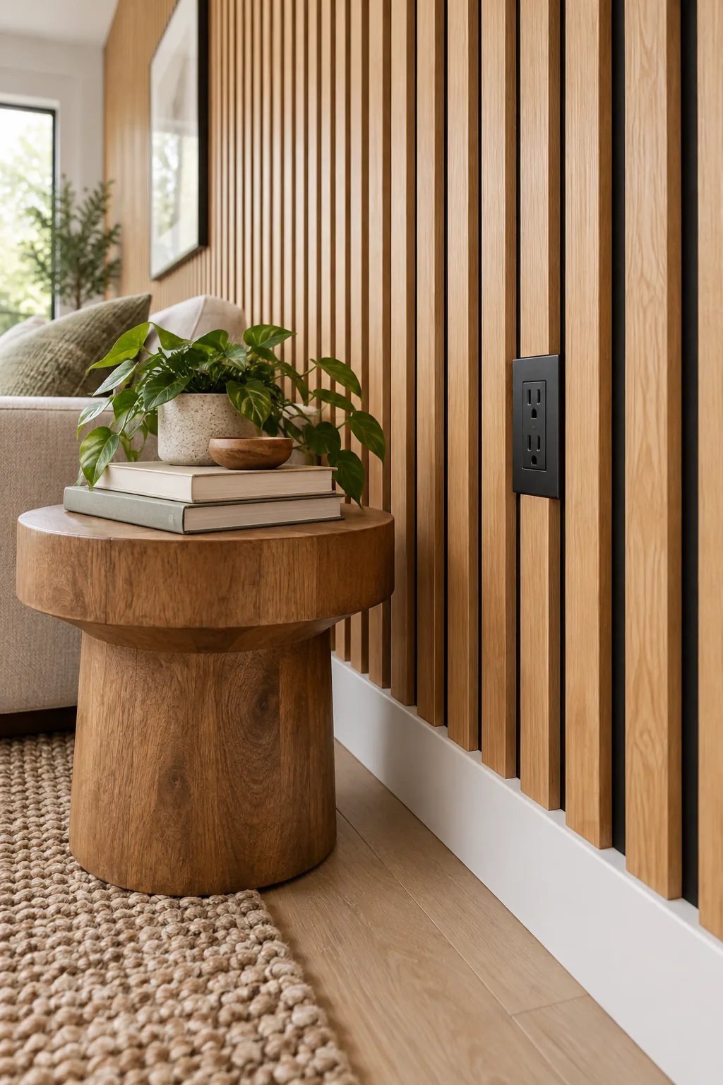 A matte black electrical outlet sits perfectly flush against the wood slats above a side table.