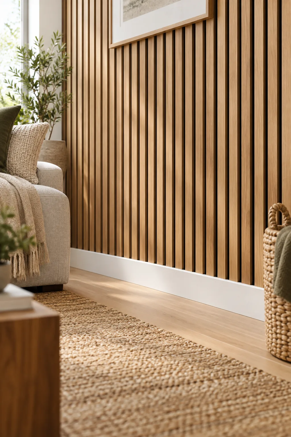 Vertical wood slats meet a clean, square white baseboard at the floor next to a woven rug.