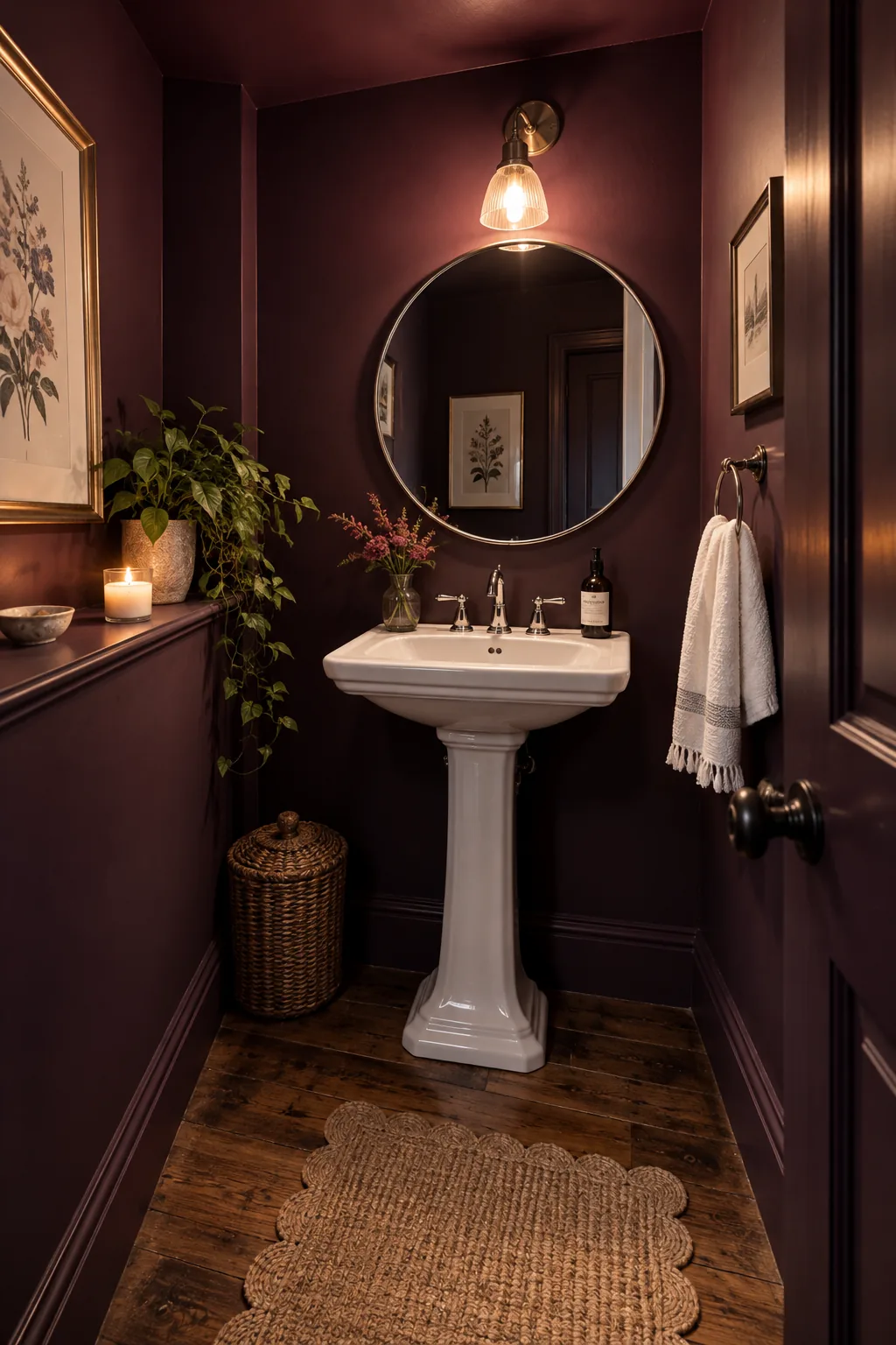 Powder room painted entirely in dark plum with a white sink