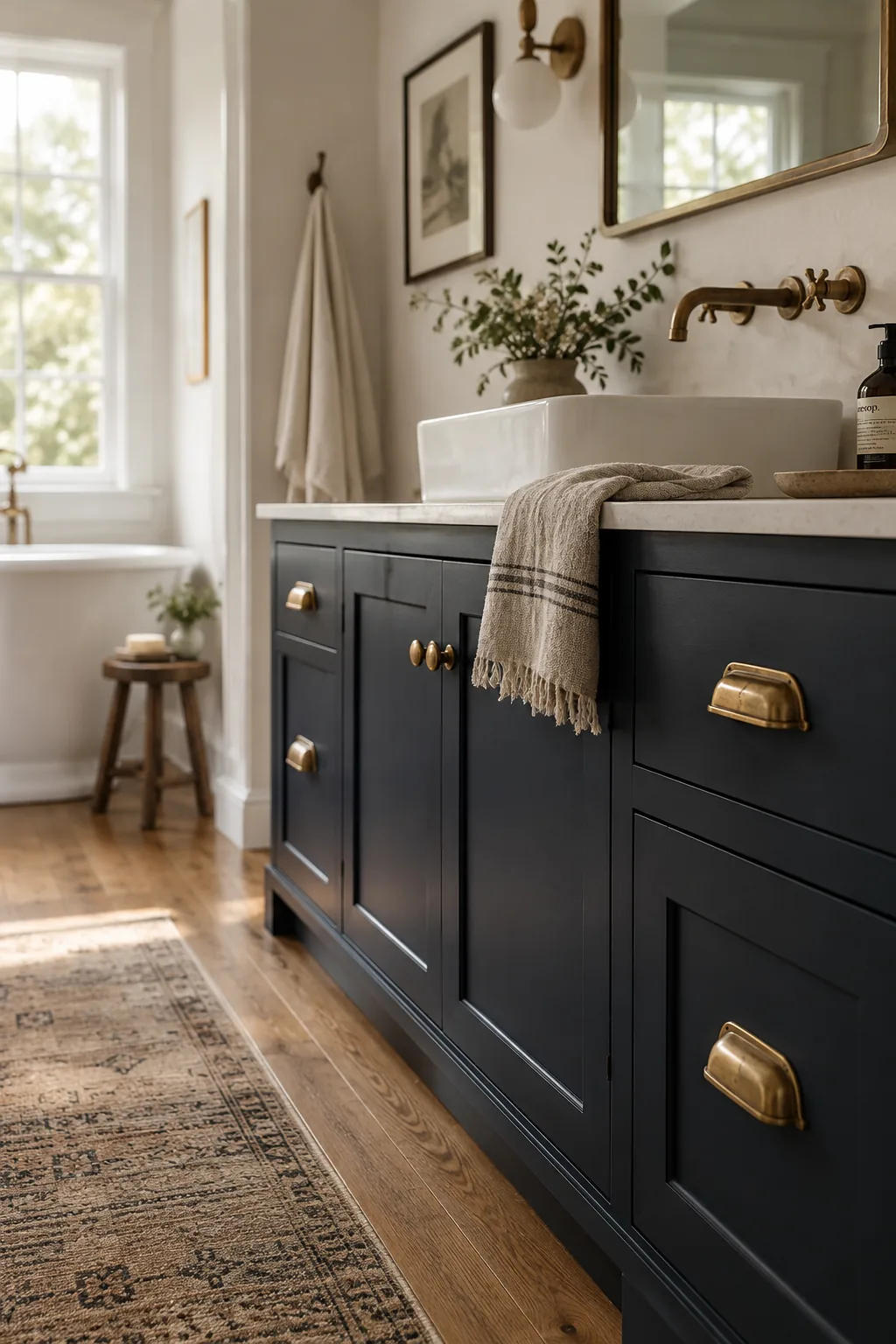Unlacquered brass faucet tarnishing naturally on a dark vanity