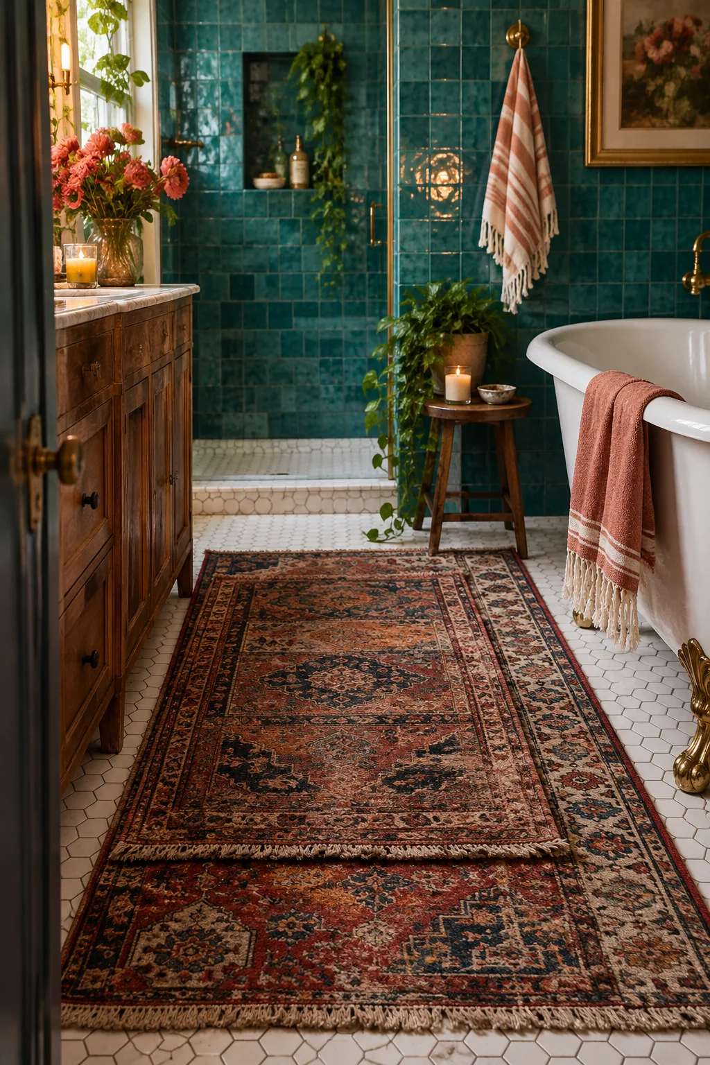 Faded red and blue Turkish runner on a dark bathroom floor