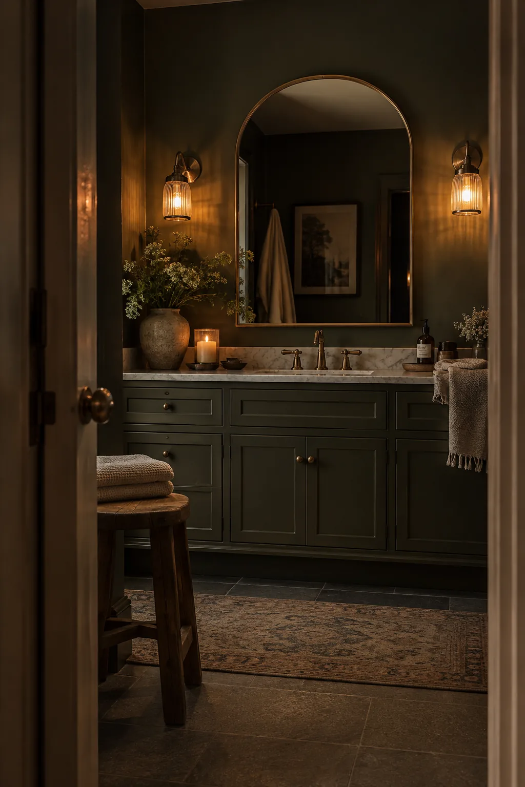 Amber glass sconces glowing beside a bathroom mirror