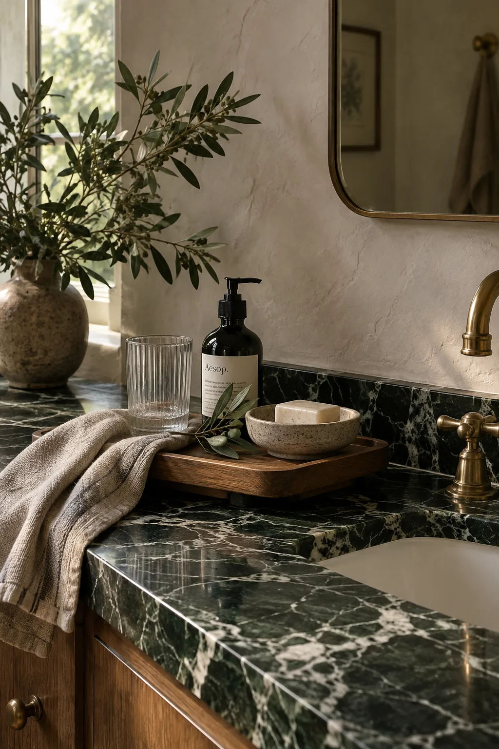 Dark green marble vanity top with heavy white veining
