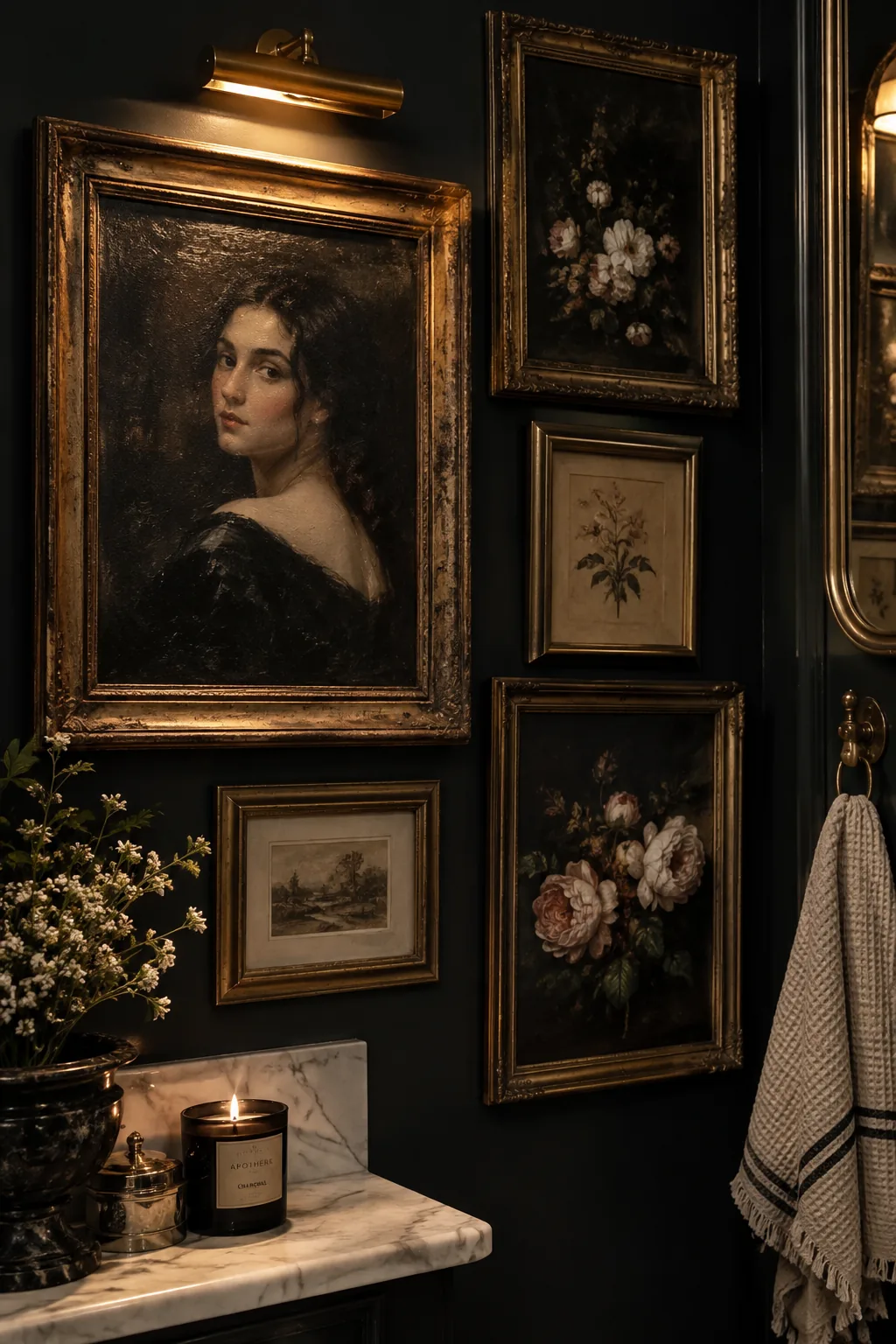 Vintage oil portrait in a gold frame on a black wall