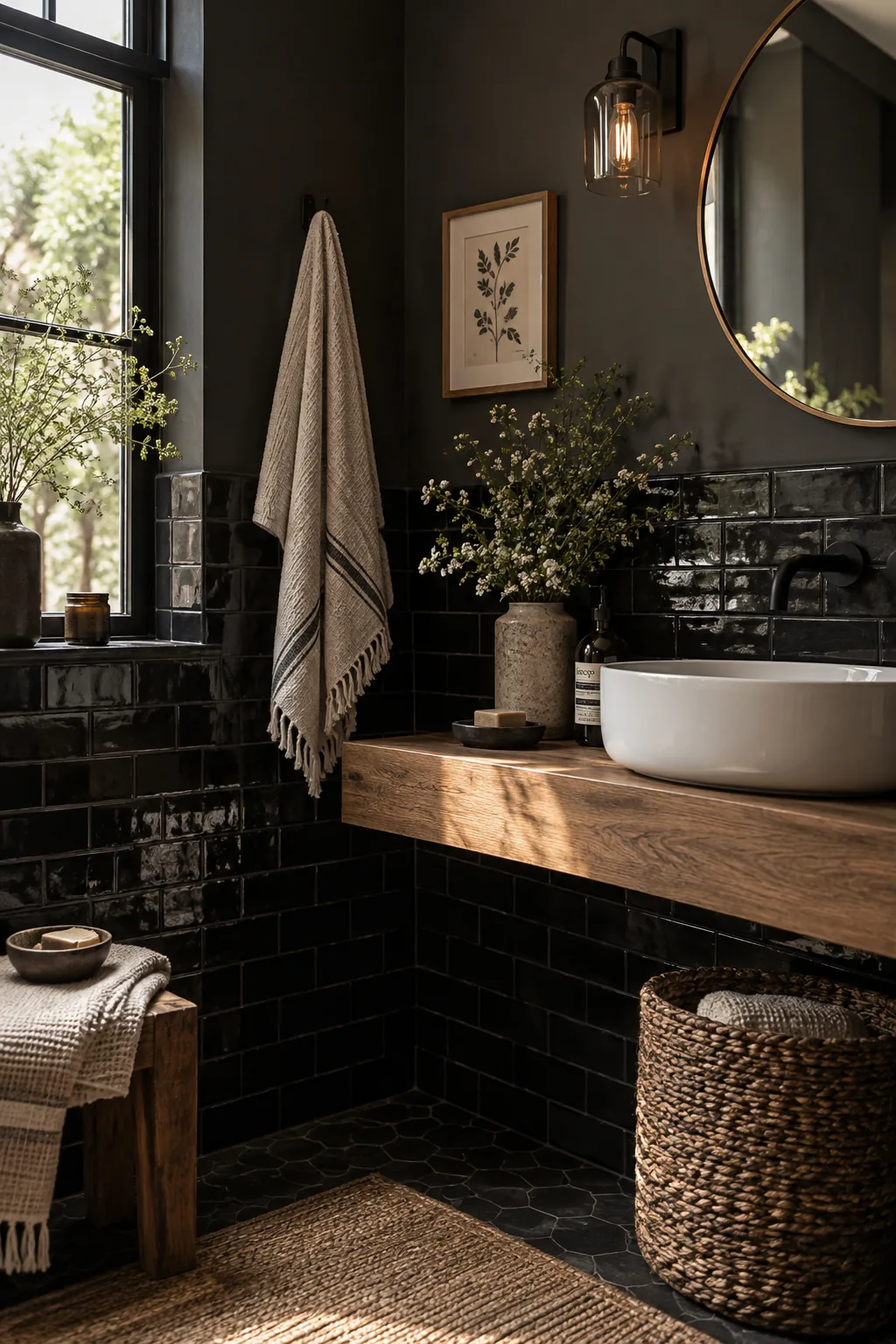 Glossy black subway tile paired with matte charcoal paint