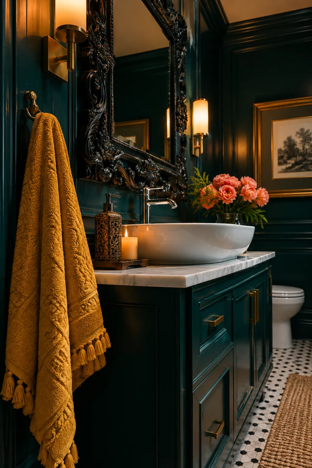 Ornate carved wood mirror painted black over a modern sink