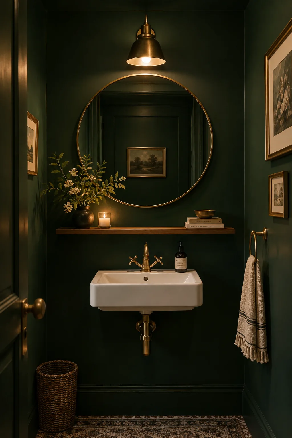 Bathroom with dark green paint on both the walls and ceiling