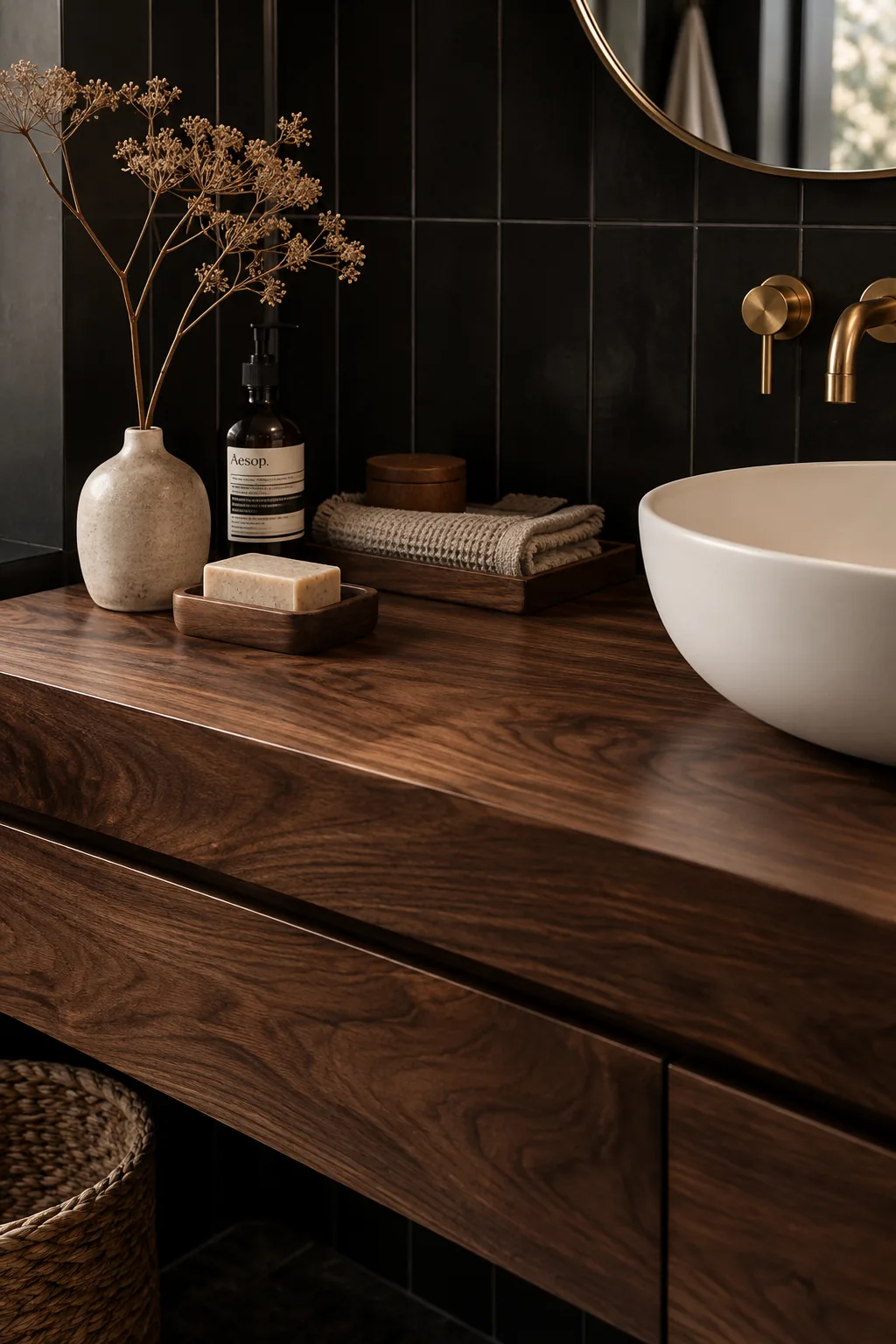 Solid walnut wood vanity in a black bathroom