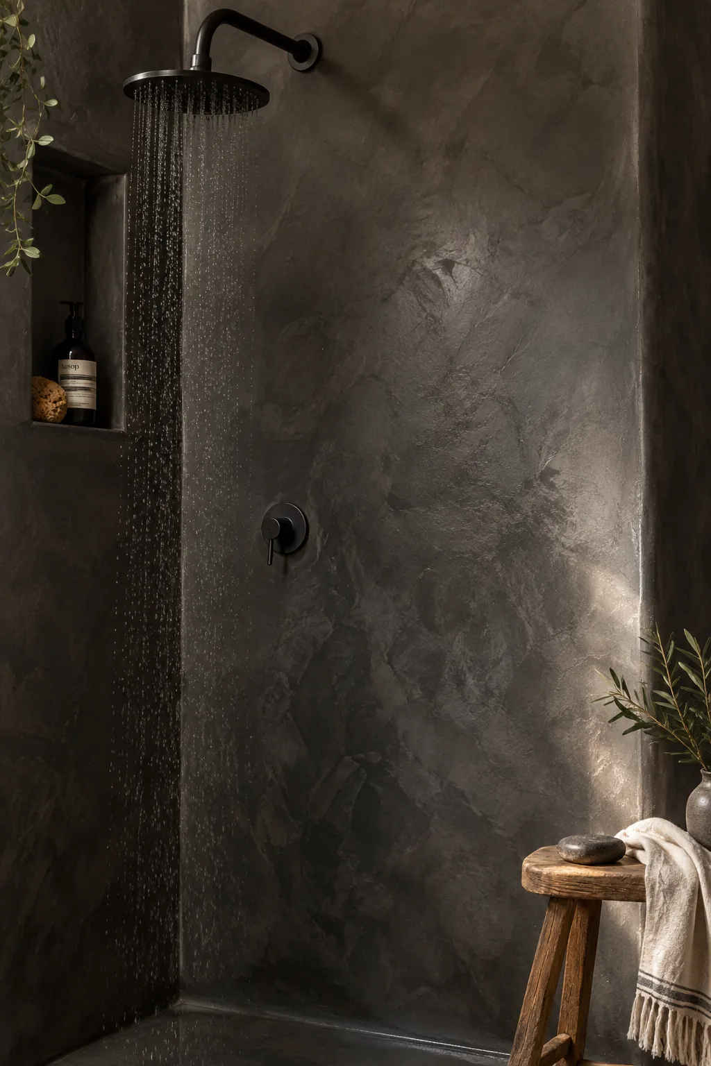 Dark charcoal waterproof plaster on shower walls