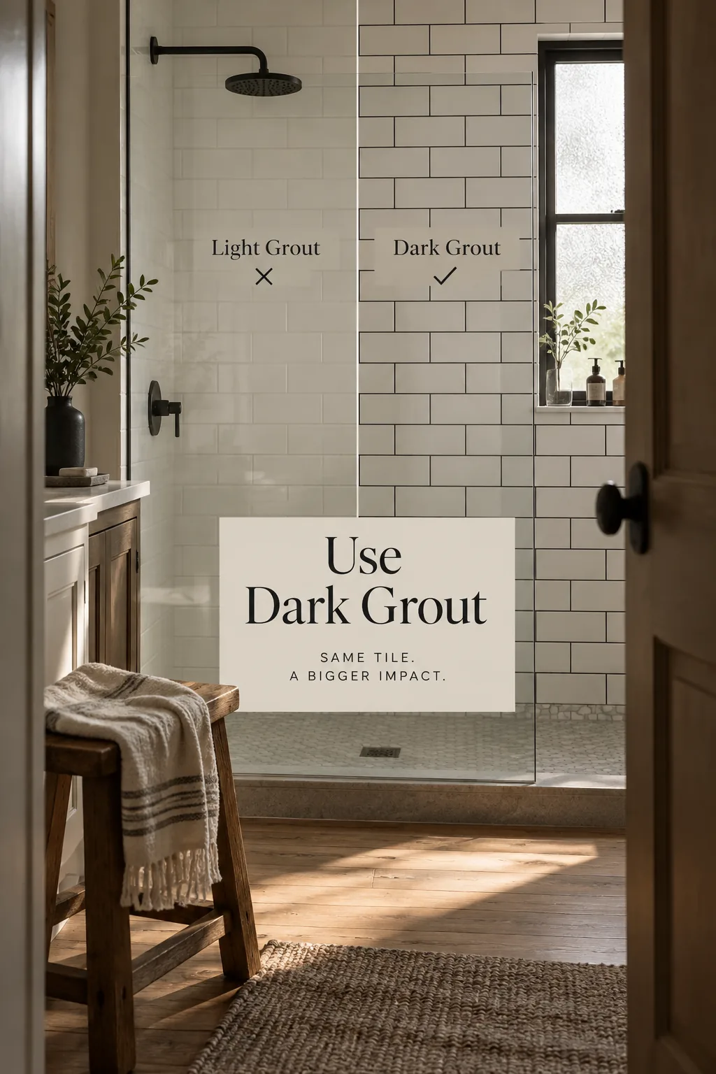 White subway tile installed with dark charcoal grout
